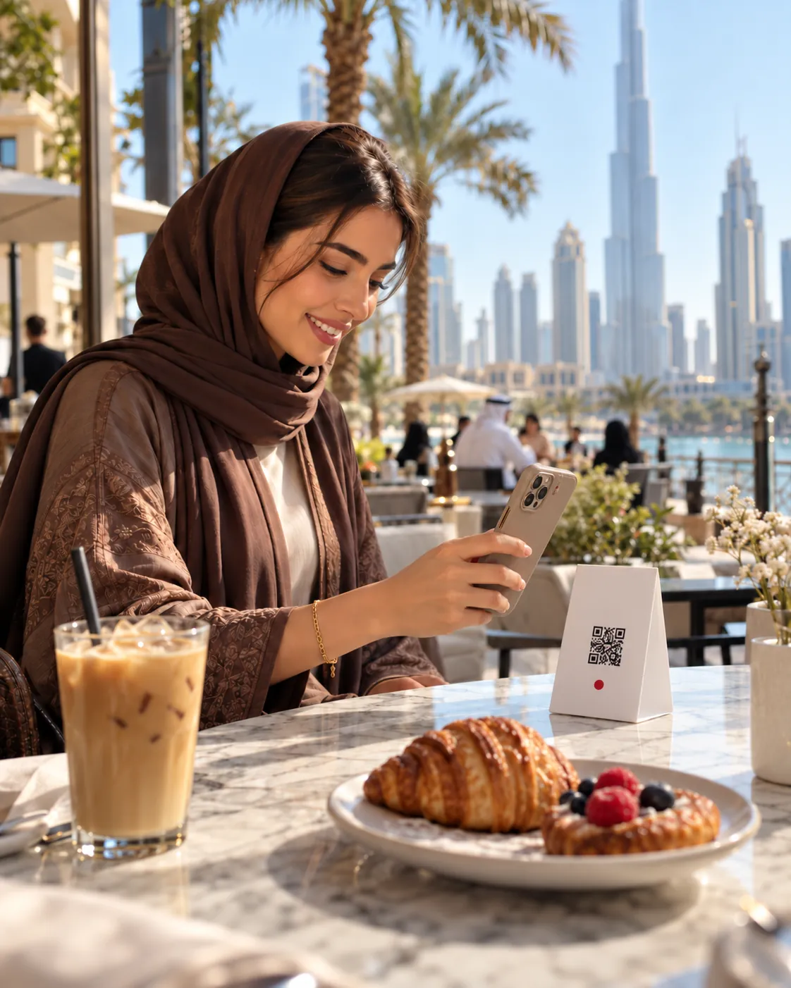 A guest scans a QR code stand on her table at a Dubai café terrace