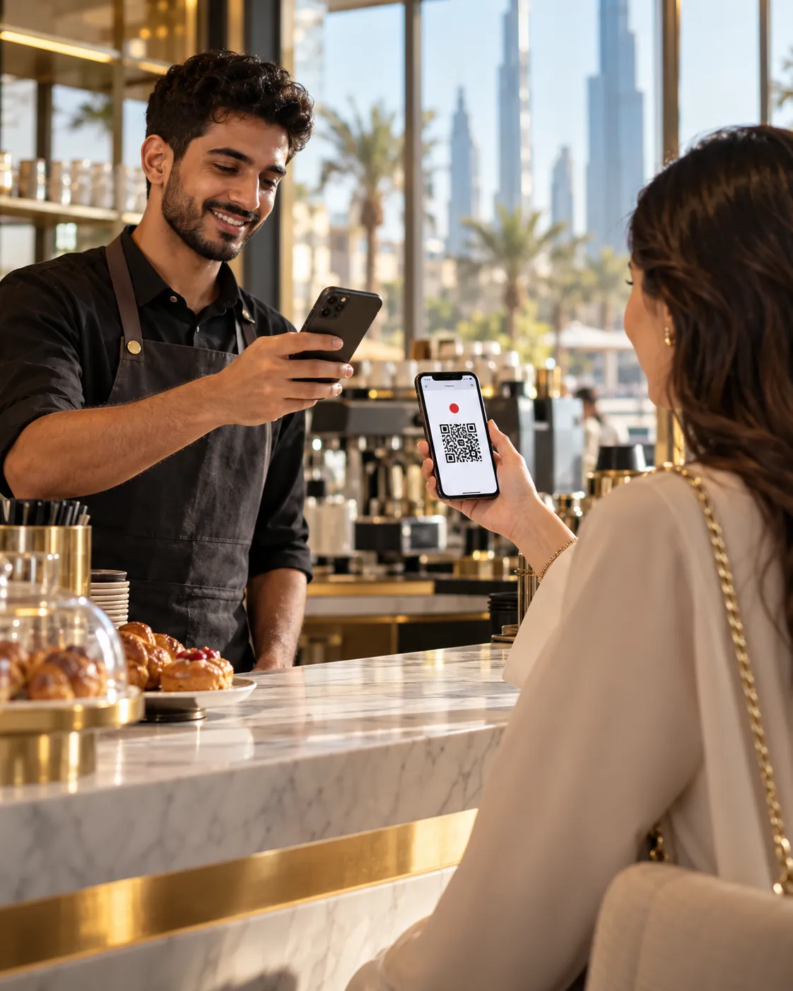 A barista scans the code on a guest's phone with his own phone