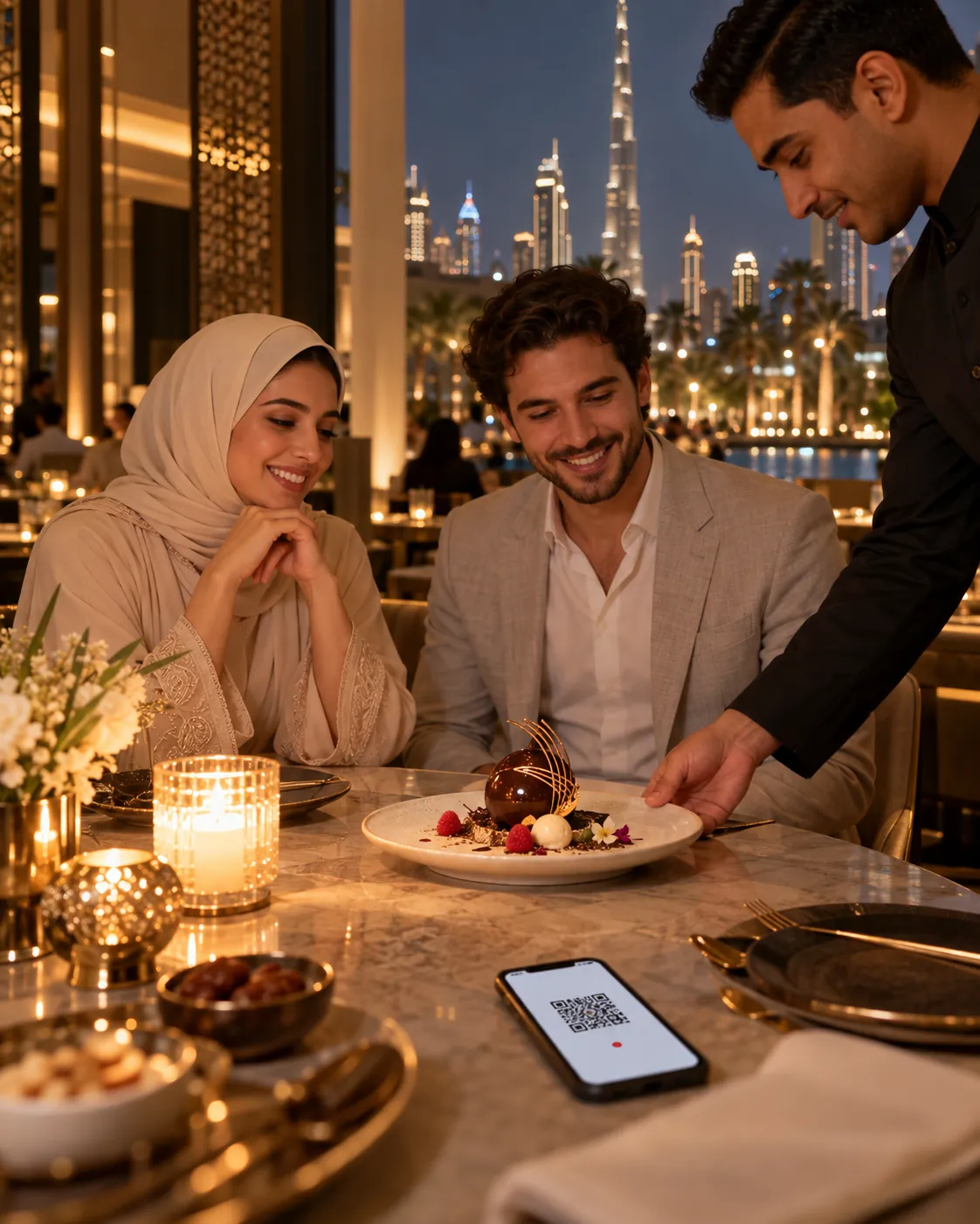 A waiter serves a dessert to a couple, with a member card on the phone beside them