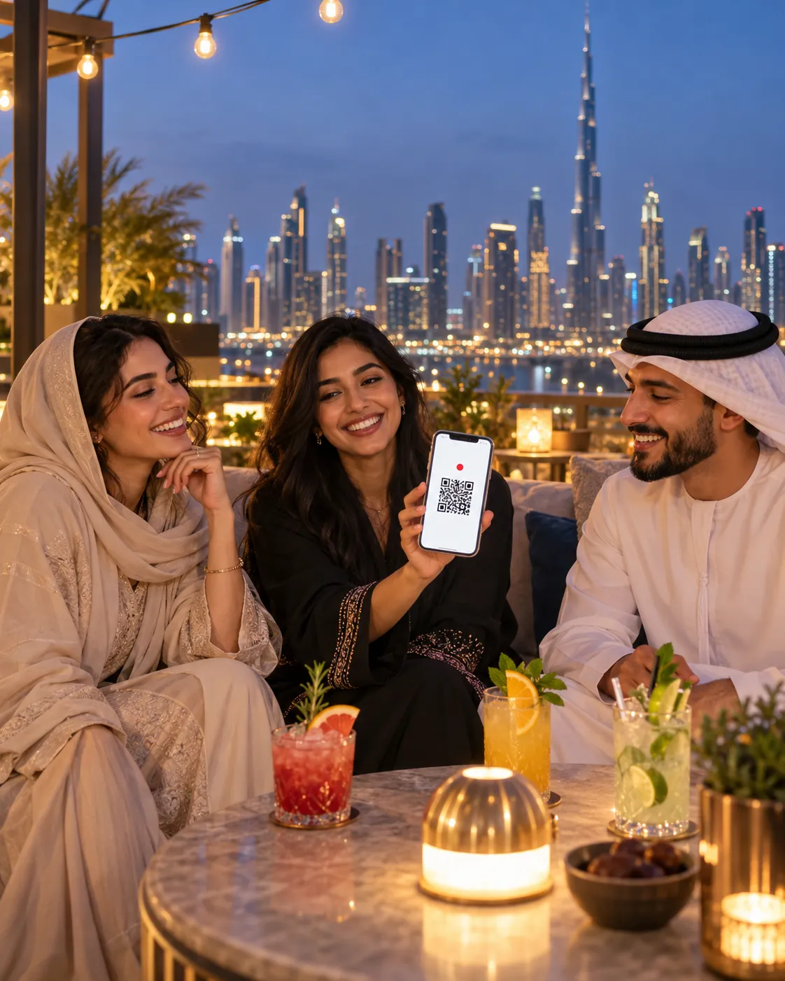 Friends on a Dubai rooftop lounge at dusk, one showing a member card