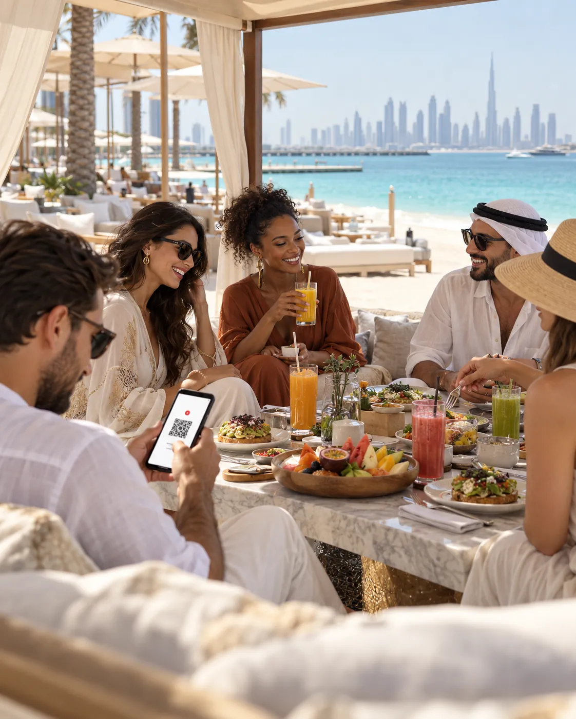 Friends at a beach club brunch table, one checking a member card